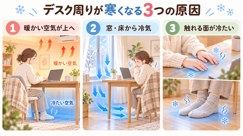 暖かい空気が上にたまる様子、窓や床から冷気が入る様子、机や床の冷たさが手足に伝わる様子を図解したイメージ