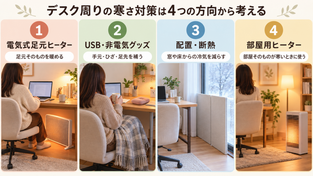 電気式足元ヒーター、USB・非電気グッズ、配置・断熱、部屋用ヒーターの4つの寒さ対策を比較したイメージ