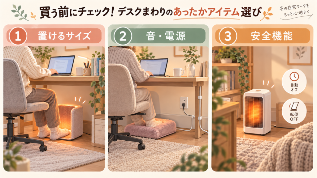 デスク周りのあったかグッズを選ぶ前に、置けるサイズ・音と電源・安全機能を確認するポイントを示したイメージ