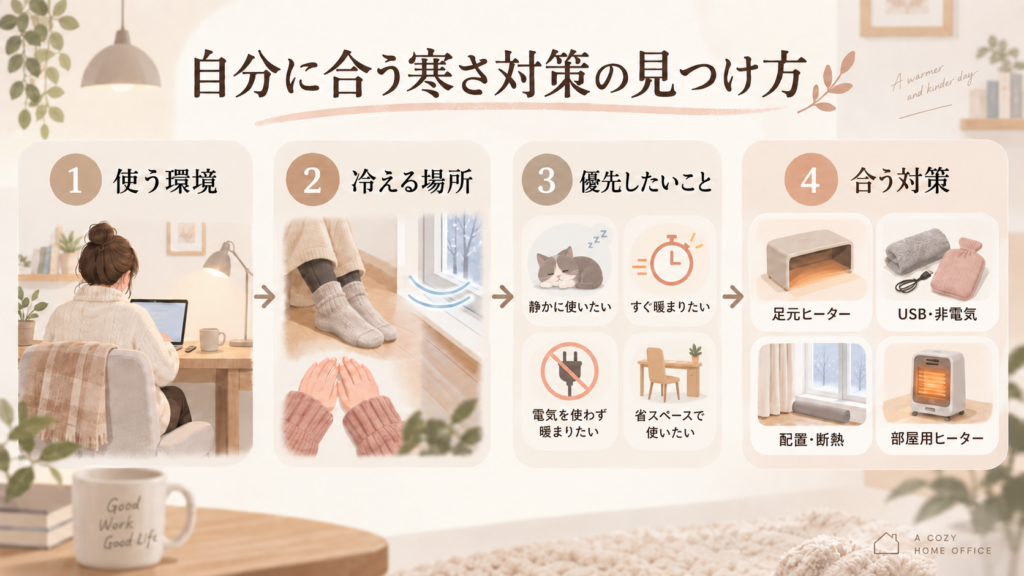 使う環境、冷える場所、優先したいことを確認し、足元ヒーターやUSB・非電気グッズ、配置・断熱、部屋用ヒーターから合う寒さ対策を選ぶ流れを示したイメージ
