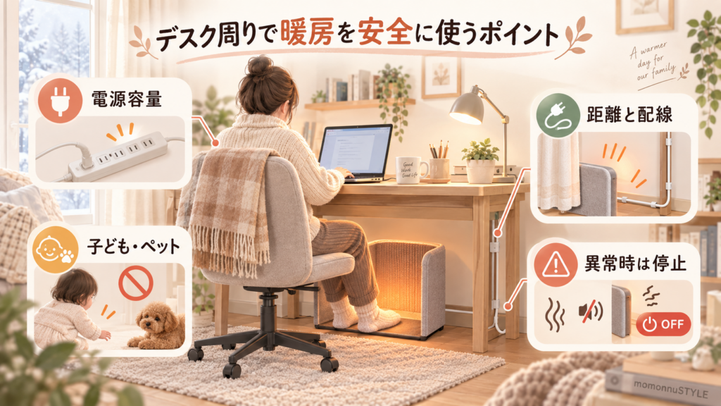 デスク周りで暖房を使う際に、電源容量、可燃物との距離と配線、子ども・ペットへの配慮、異常時の使用停止を確認するイメージ