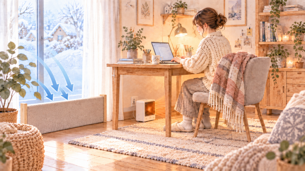 窓から流れ込む冷気をボードで遮り、ラグと足元ヒーターを使ってデスク下を暖かくしている画像