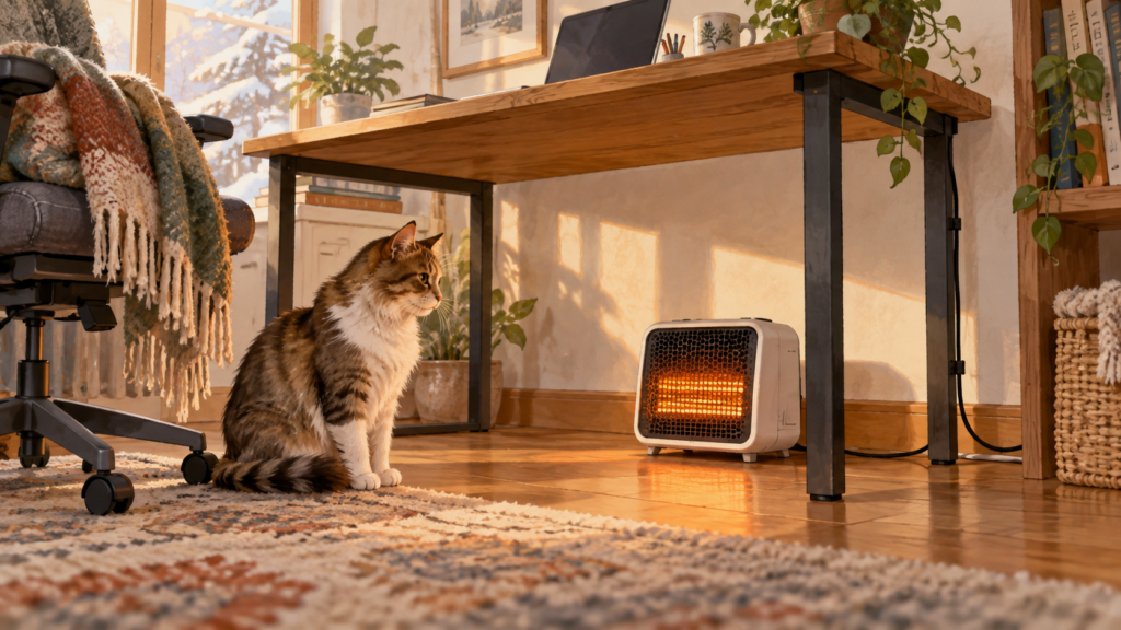 冬のデスク下で、足元ヒーターの近くに猫が座っている様子