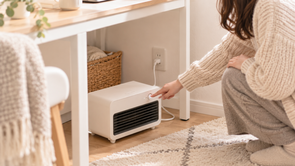 デスク下の足元ヒーターの電源や本体の状態を確認する女性の画像