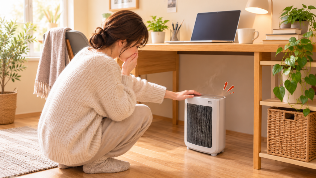 デスク下の足元ヒーターに異変を感じ、においや本体の状態を確認する女性の画像