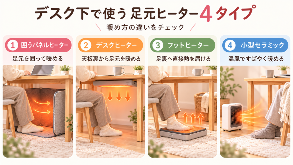 デスク下で使う足元ヒーター4タイプのイメージ。囲うパネルヒーター、デスクヒーター、フットヒーター、小型セラミックファンヒーターで足元を暖めている様子