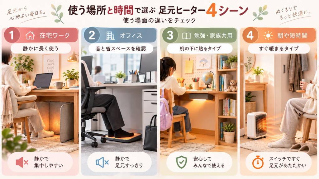在宅ワーク、オフィス、勉強・リビング学習、朝や短時間の4つの場面に合わせた足元ヒーターの使い方イメージ