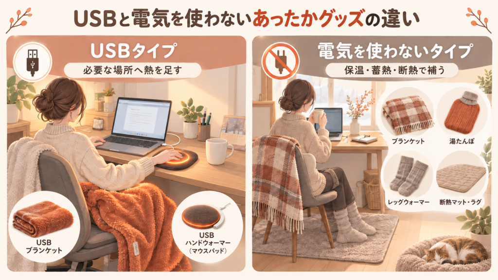 USBタイプと電気を使わないタイプのあったかグッズを比較した図解。USBタイプはブランケットやハンドウォーマー、電気を使わないタイプはブランケット、湯たんぽ、レッグウォーマー、断熱マットを紹介している。