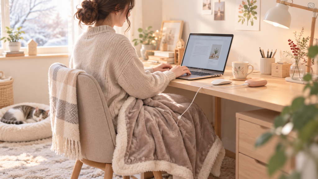 USBブランケットとハンドウォーマーを使いながら、冬のデスクでパソコン作業をする女性のイメージ