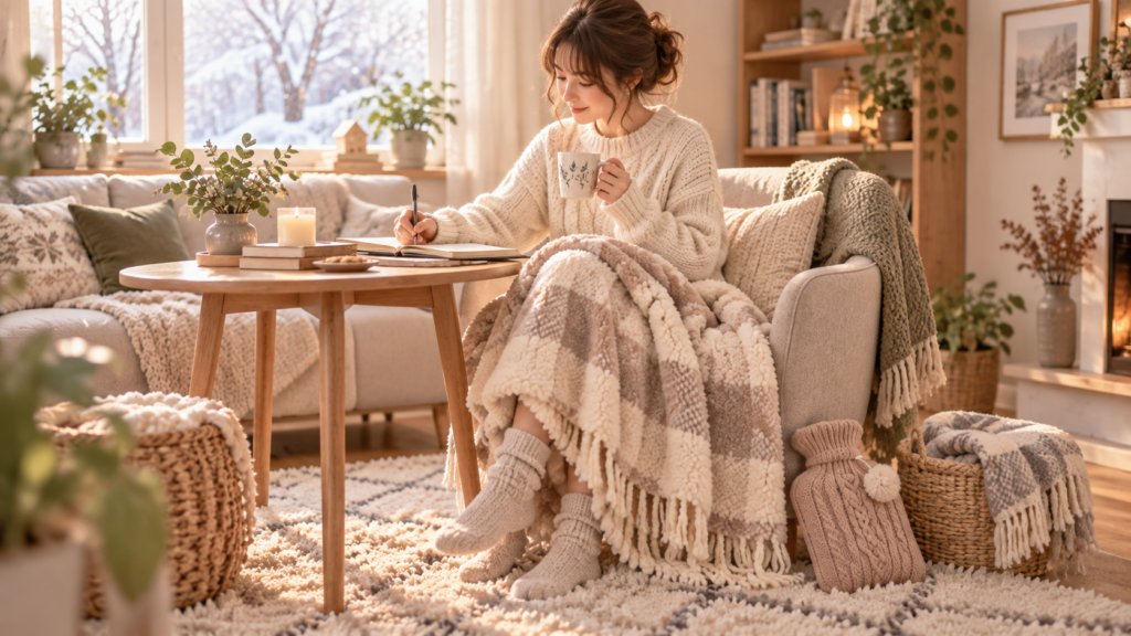 ブランケットや湯たんぽ、ラグで足元の冷え対策をしながら部屋で過ごす女性の画像