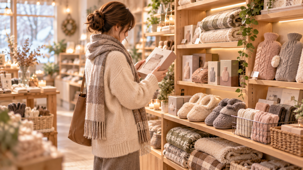 冬の雑貨店であったかグッズを選びながら説明を見ている女性の画像