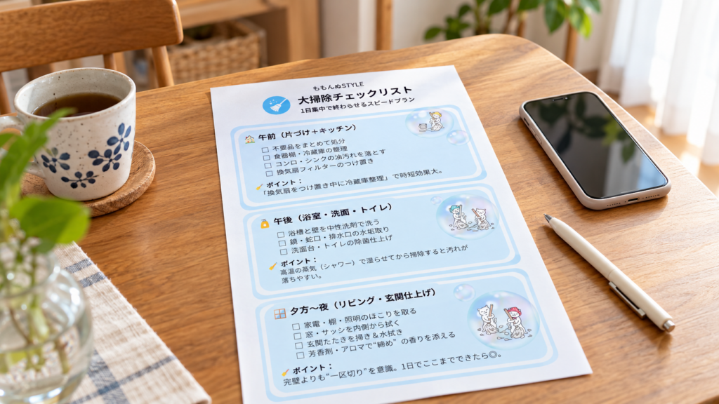 木製のテーブルに置かれた、1日集中型の大掃除チェックリスト。午前・午後・夕方の掃除項目が日本語で記載され、隣にはスマートフォンとペンが並んでいる。