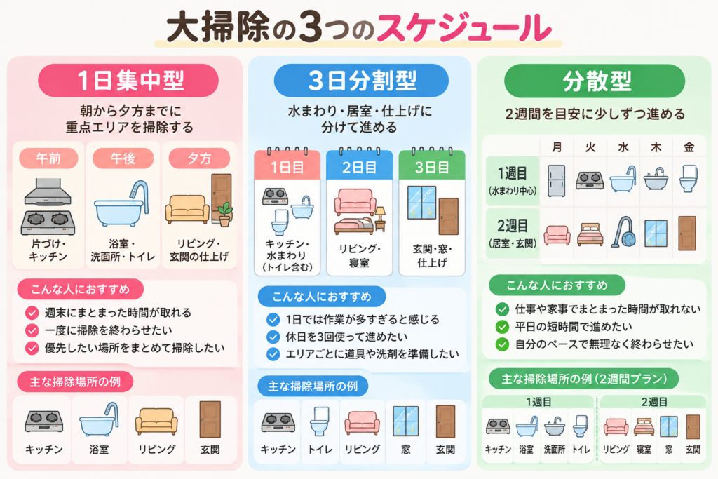 大掃除の1日集中型・3日分割型・2週間分散型を比較した図解。各プランの進め方や向いている人、キッチン・浴室・リビングなどの掃除場所をイラストとカレンダーで紹介。