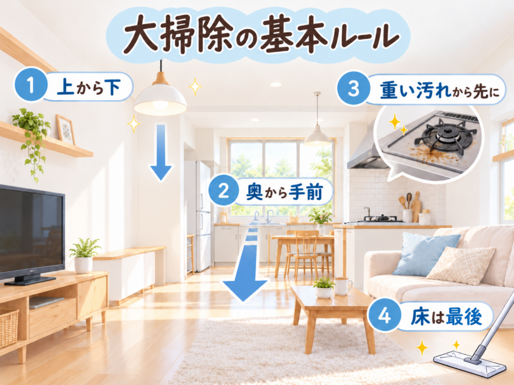 大掃除の基本ルールを示した図解。明るい室内を背景に「上から下」「奥から手前」「重い汚れから先に」「床は最後」の4つの掃除の順番を矢印とイラストで紹介。